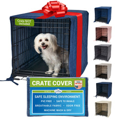 Pet Dreams denim crate cover airflow improves ventilation for a comfortable indoor den.