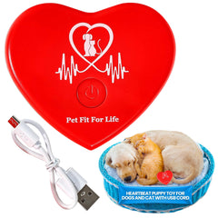 Pet Fit For Life red heartbeat toy close-up highlighting calming beating heart sound for puppies.