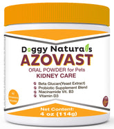 Pet Health Pharma Azovast powder jar with scoop for easy dosing and kidney-friendly meals.