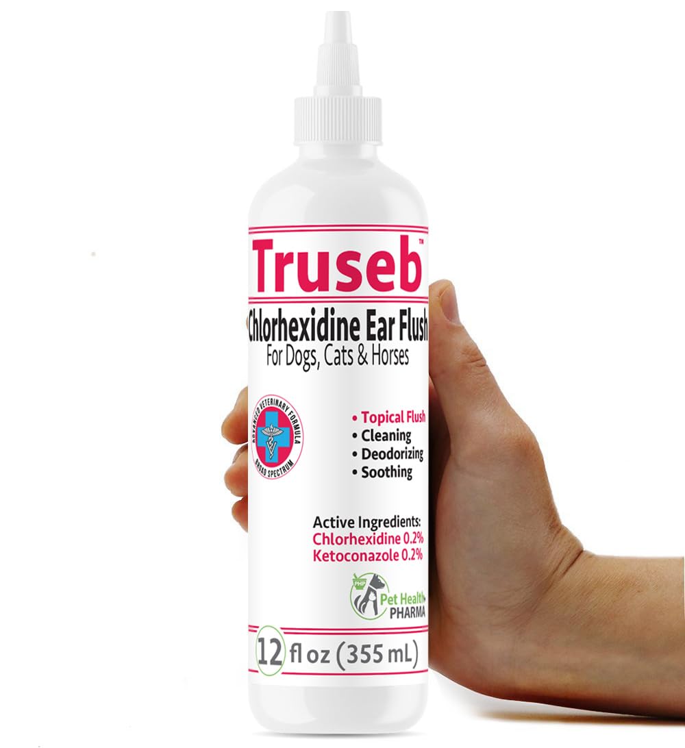 Pet Health Pharma ear flush bottle highlights vet-strength formula for dogs and cats.
