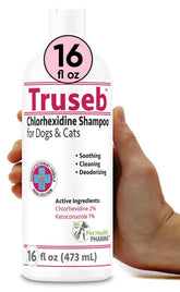 Truseb bottle label from Pet Health Pharma highlighting veterinary-strength formula for pets.
