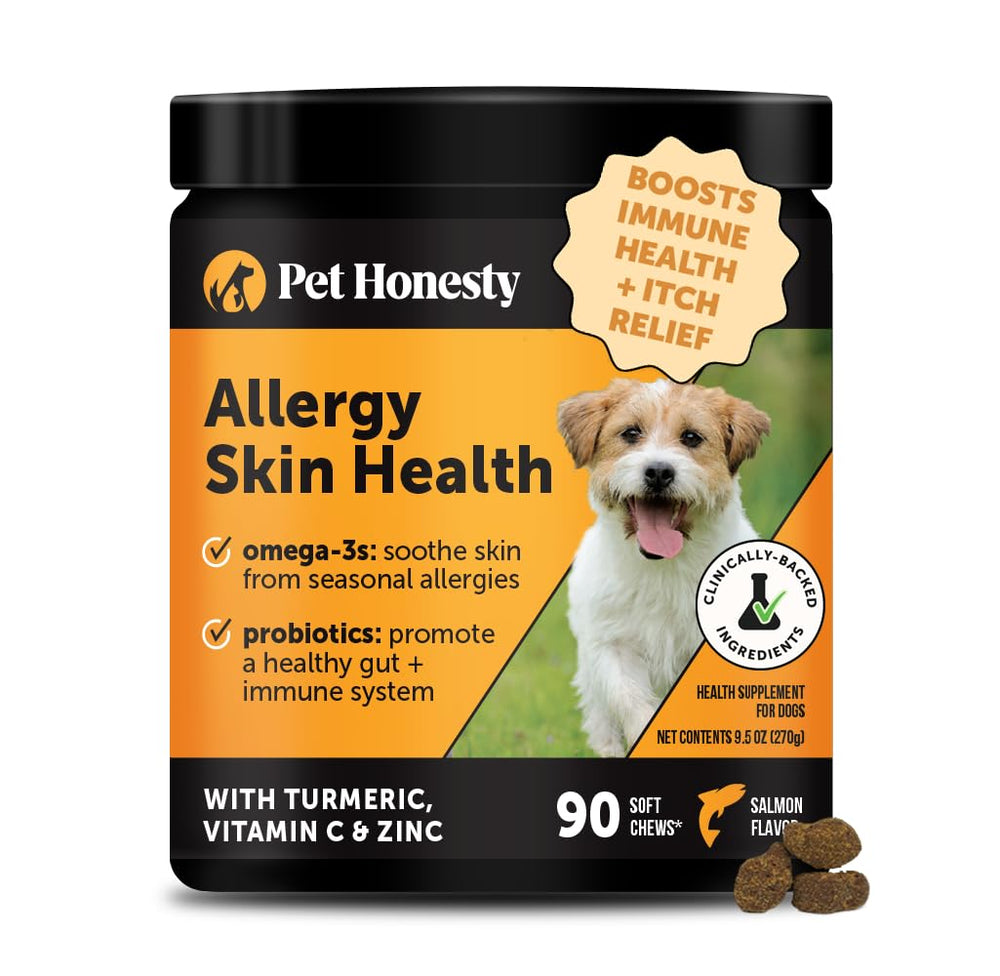 Pet Honesty Allergy Skin Health bottle with salmon-chews supports skin comfort