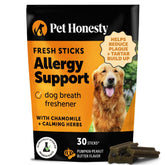 Pet Honesty Allergy Support Fresh Dental Sticks packaging front highlights oral care and fresh breath.
