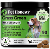 Pet Honesty Grass Green Max Strength bottle pour shows lawn-friendly urinary balance potential.