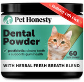 Pet Honesty cat dental powder bottle for daily oral care and fresh breath.