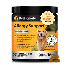 Pet Honesty dog allergy chews packaging shows seasonal allergy support