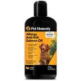 Pet Honesty dog allergy relief salmon oil bottle shows omega-3 support for coat health.