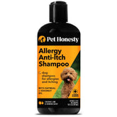 Pet Honesty dog allergy relief shampoo bottle demonstrates gentle cleansing for itchy skin.