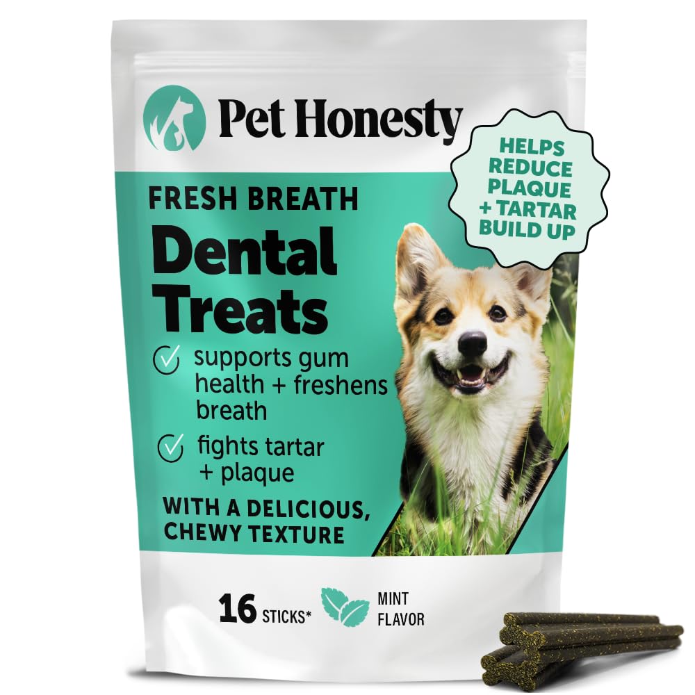 Pet Honesty Fresh Breath Dental Sticks packaging shows the 16-count box for breath care.