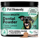 Pet Honesty fresh breath dog powder bottle pour for easier daily dental care.