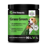 Pet Honesty Grass Green Dog Chews bottle front highlights probiotic blend for lawn health.
