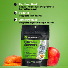 Pet Honesty hairball treats pack image highlighting 90-day supply.