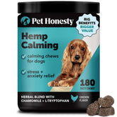 Pet Honesty hemp calming chews bottle packaging supports stress-free travel for dogs