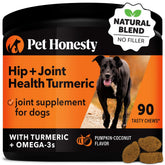 Pet Honesty Hip & Joint turmeric health bottle demonstrates daily mobility support with pumpkin flavor