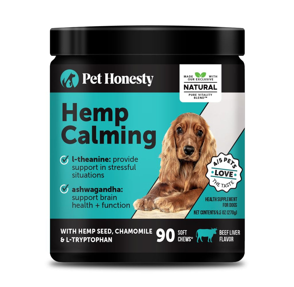 Pet Honesty hemp calming chews packaging highlights natural ingredients for anxiety support.