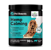 Pet Honesty hemp calming chews packaging highlights natural ingredients for anxiety support.