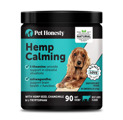Pet Honesty hemp calming chews packaging highlights natural ingredients for anxiety support.