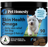 Pet Honesty Omega Skin Health Chews bottle shows dog enjoying a tasty omega-3 supplement for healthy coat support