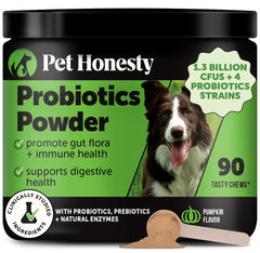 Pet Honesty probiotic pumpkin powder topper in a bowl promotes easy digestion.