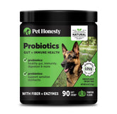 Pet Honesty probiotics for dogs bottle supports gut health with tasty daily chews.