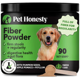 Pet Honesty pumpkin fiber powder tub closeup for supporting healthy digestion.
