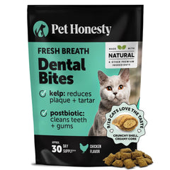 Pet Honesty frente de gato con respiro fresco tras la mordida.
