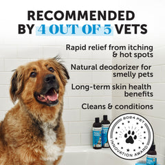 Pet Honesty Restore + Soothe 2in1 bottle with rich lather for soothing skin.