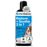 Pet Honesty Restore + Soothe bottle shows dual-action shampoo and conditioner for sensitive skin.