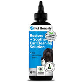 Pet Honesty Restore + Soothe ear cleaner bottle shows gentle care for sensitive ears