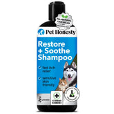 Pet Honesty Restore + Soothe shampoo bottle-front with lavender for sensitive skin