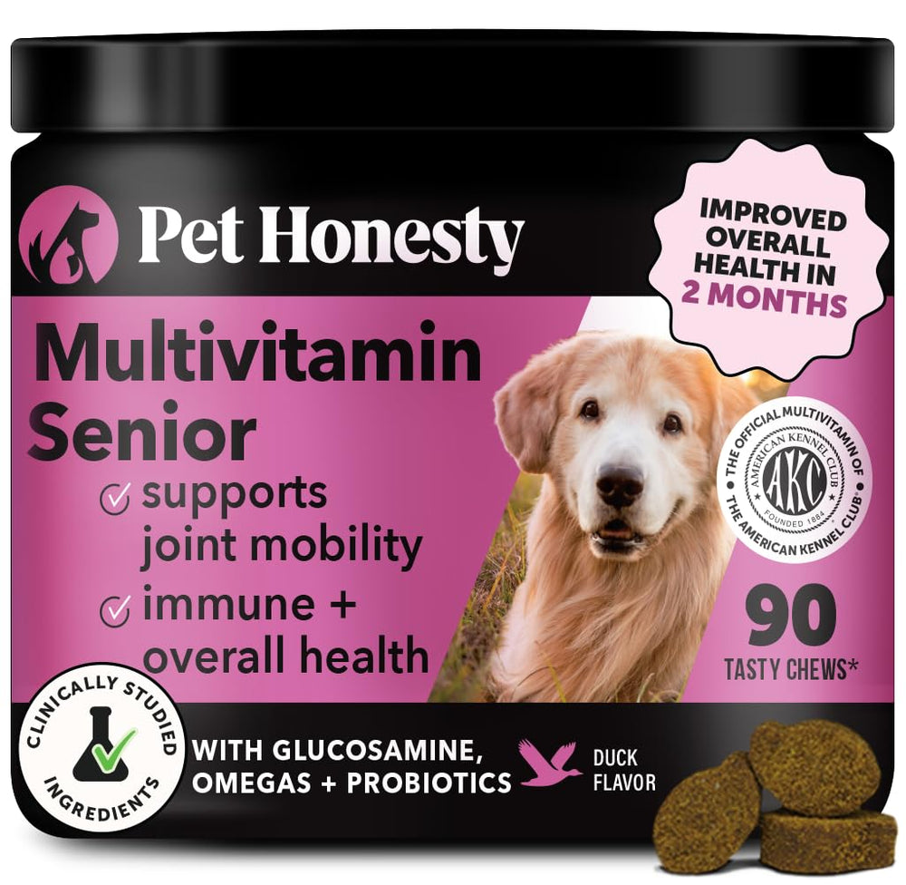 Pet Honesty Senior Dog Multivitamin bottle with duck-flavored chews for daily vitality.