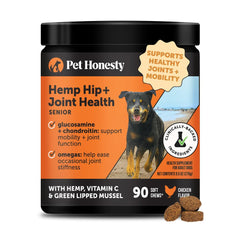 Pet Honesty senior hemp mobility soft chews close-up for joint comfort.