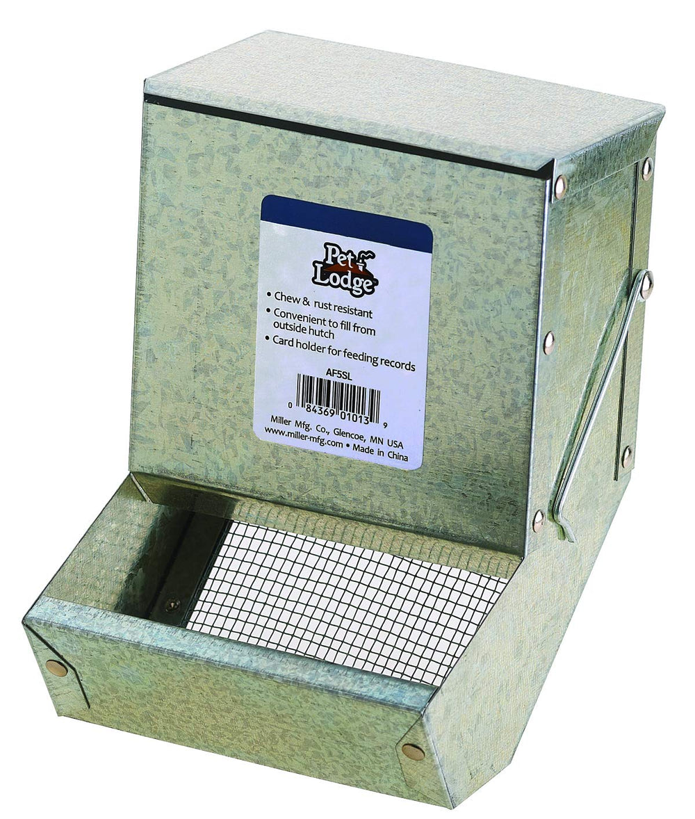 Pet Lodge steel small animal feeder with lid and sifter bottom promotes clean, portioned feeding for rabbits