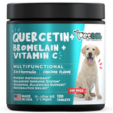 PET LOL Quercetin dog chew tablet closeup showing seasonal allergy relief potential.