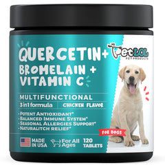 PET LOL Quercetin dog chew tablet closeup showing seasonal allergy relief potential.