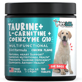 PET LOL taurine supplement bottle closeup highlighting heart-supporting formula