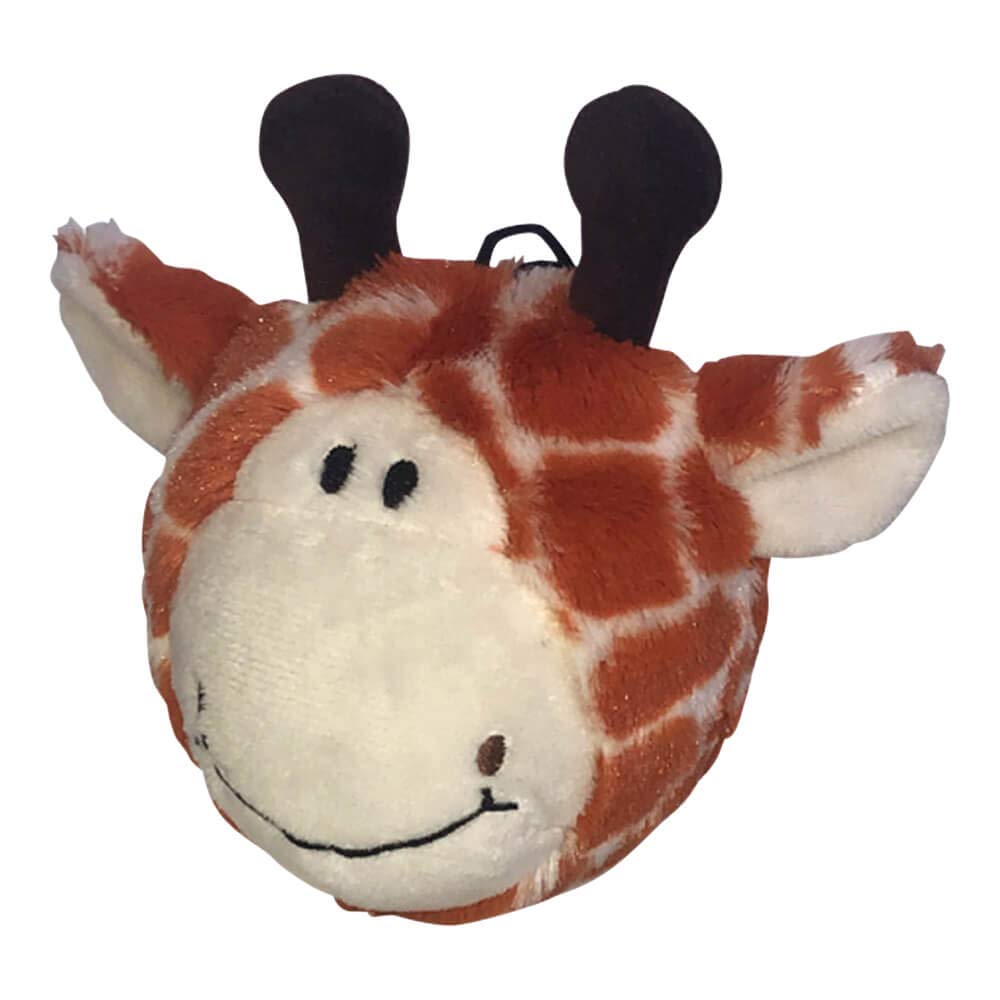 Pet Lou 4-Inch EZ Squeaky Giraffe Ball closeup shows plush texture and squeak for indoor fetch