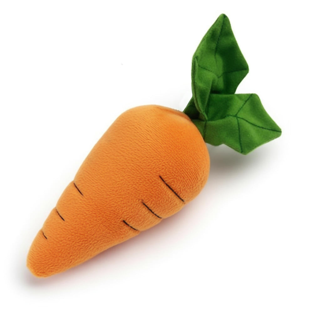 Pet Lou 8-Inch carrot plush toy front view for engaging play and moderate chewers.