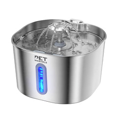 Pet Marvels stainless-steel fountain front view highlighting easy hydration for pets