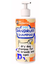 Pet MasterMind dog dandruff shampoo bottle shows waterless formula for quick cleanups