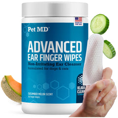 Pet MD Advanced Ear Finger Wipes on finger for precise dog ear cleaning with cucumber-melon scent.
