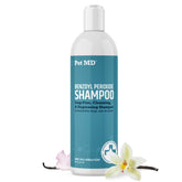 Pet MD benzoyl peroxide medicated shampoo bottle for itchy skin relief.