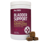 Pet MD Bladder Support Plus Cranberry bottle shows easy-to-administer chews for canine urinary health.
