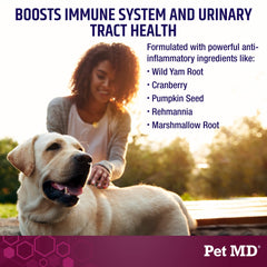 Pet MD Bladder Support Plus Cranberry ingredients chart shows high-potency blend.