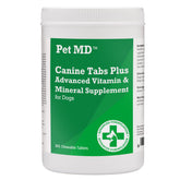 Pet MD Canine Tabs Plus 365-count bottle, liver-flavored vitamins for daily canine health.