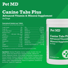Pet MD Canine Tabs Plus liver-flavored chewables, convenient daily supplement for energy and coat health.