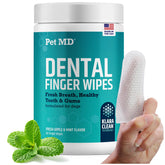 Pet MD dental finger wipes packaging shown for easy on-the-go oral care.