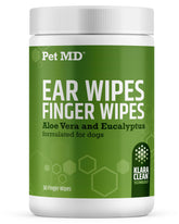 Pet MD dog ear cleaning finger wipes on fingertip for precise ear care.