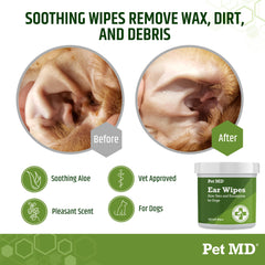 Pet MD dog ear wipes closeup highlights soft texture for debris removal.