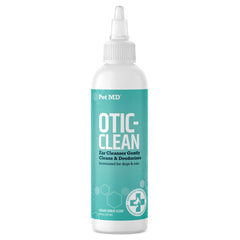 Pet MD ear cleaner bottle showing soothing formula for gentle cleansing.